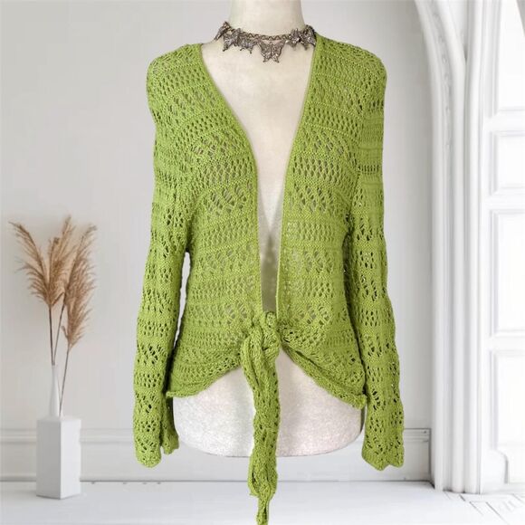 Faded Glory Sweaters - Vintage Made in USA Fairy Grunge Crochet Green Front Tie Cardigan XL 16 / 18